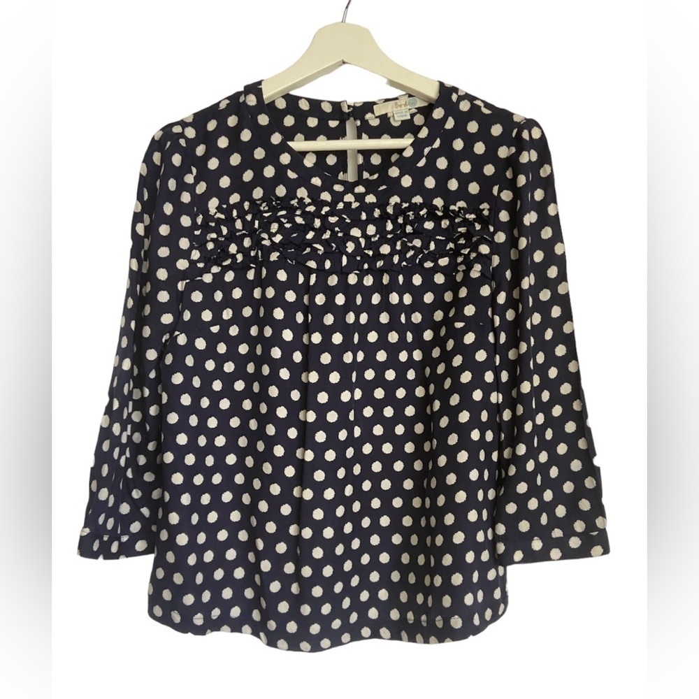 Boden Edith Silk Blend Blouse Navy Blue & White Polka Dot Ruffle Top Size 8